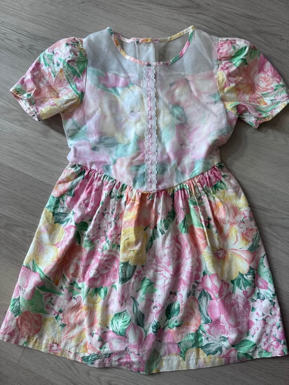Vintage 80s 90s Girls Siz 8 Floral Drop Waist Peplum Dress Rose Cottage